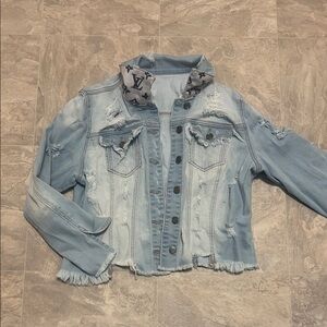 Distressed Denim Jacket with Patterned Collar